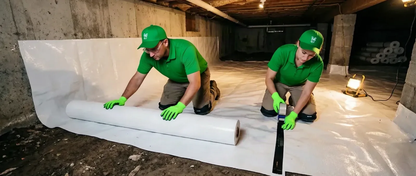 Crawl space crew installing a white vapor barrier liner in Knoxville, TN